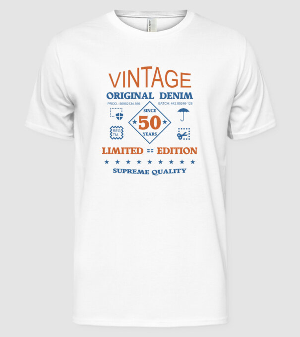 vintage original denim 50 év óta minta fehér pólón