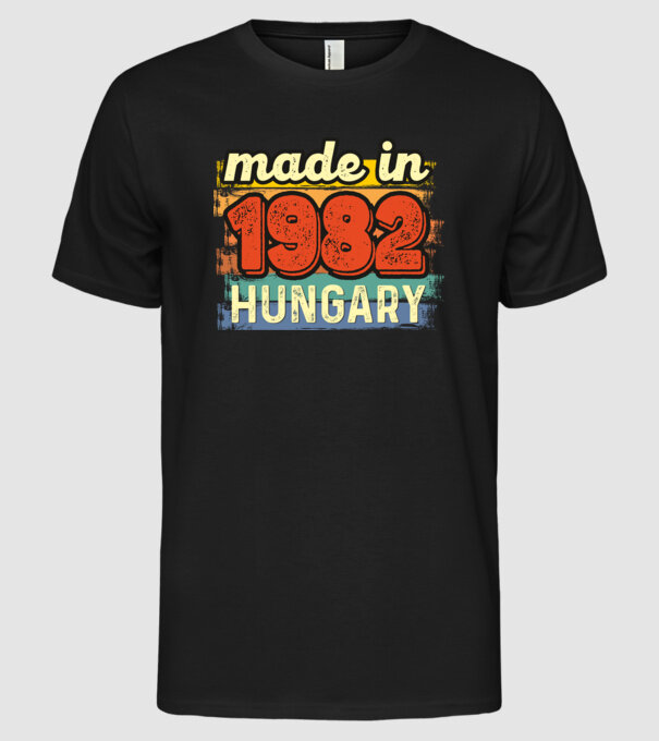 made in hungary felirat, retro évszám, grunge stílus, 1982 minta fekete pólón