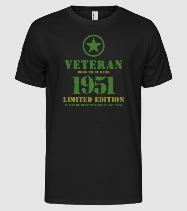 VETERAN, BORN TO BE HERO, SZÜLETÉSNAPI ÉVSZÁM FELIRATTAL 1951 minta fekete pólón