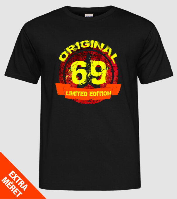 original limited edition 69 éves, születésnap minta fekete pólón