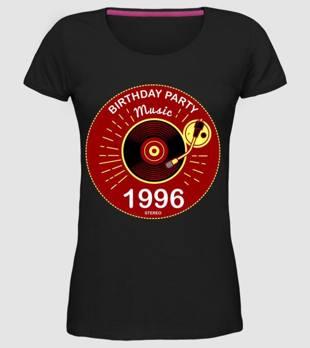 BIRTHDAY PARTY MUSIC, BAKELIT LEMEZJÁTSZÓ 1996 STEREO minta fekete pólón