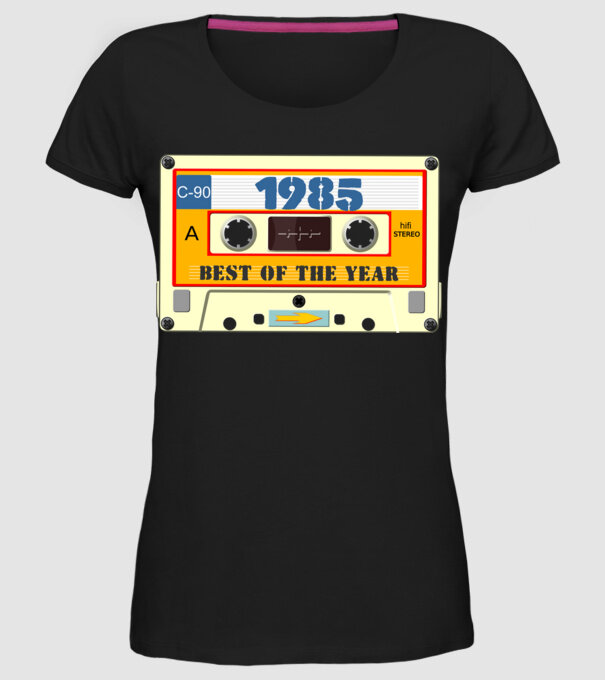 retro születésnapi audio kazetta, magnókazetta, best of the year 1985 minta fekete pólón