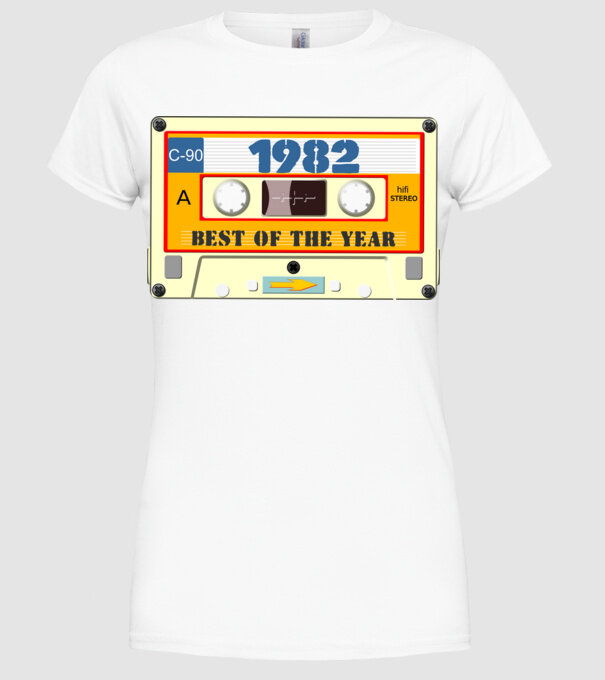 retro születésnapi audio kazetta, magnókazetta, best of the year 1982 minta fehér pólón