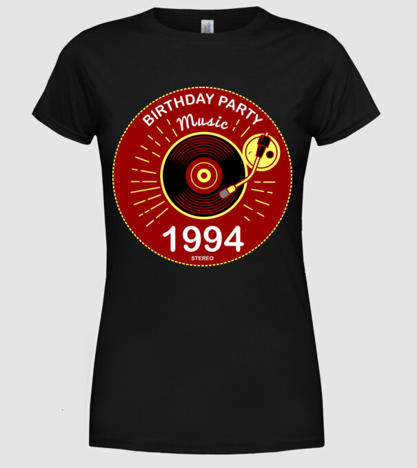 BIRTHDAY PARTY MUSIC, BAKELIT LEMEZJÁTSZÓ 1994 STEREO minta fekete pólón