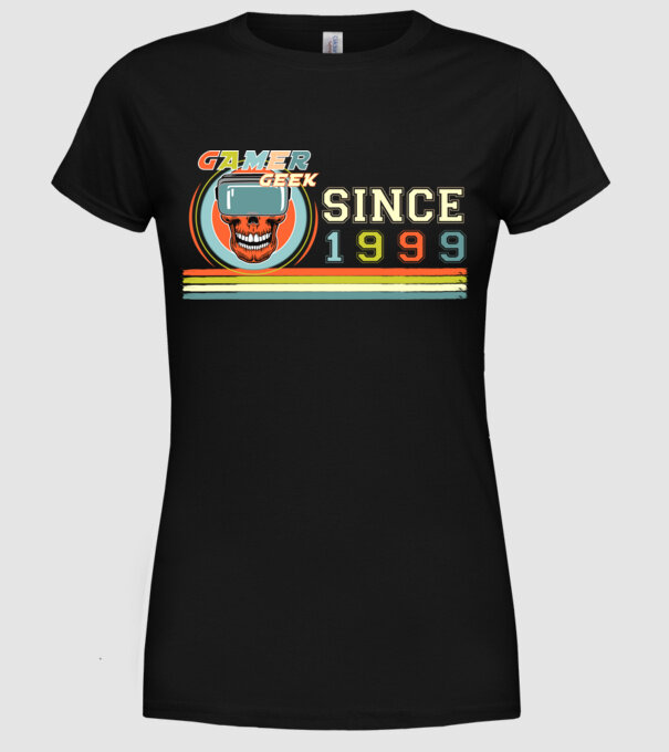 gamer geek since 1999, kocka, játékos, születésnap minta fekete pólón