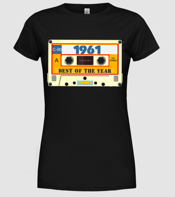 retro születésnapi audio kazetta, magnókazetta, best of the year 1961 minta fekete pólón