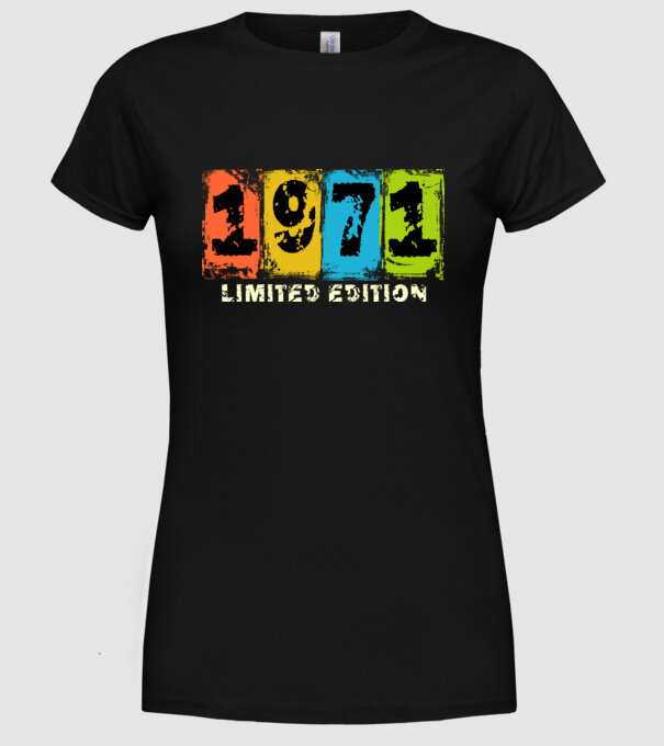 grunge évszám, limited edition felirattal, születésnapi dátum, 1971 minta fekete pólón