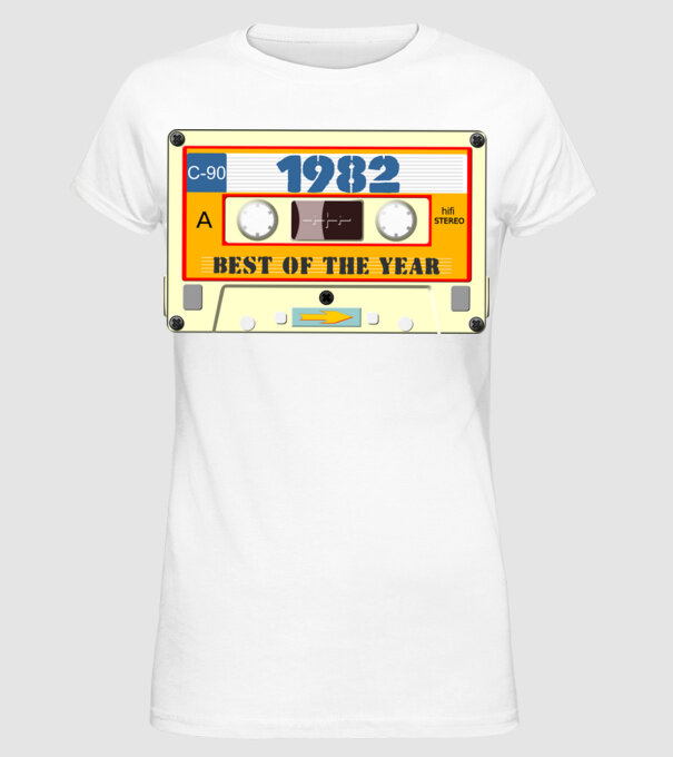 retro születésnapi audio kazetta, magnókazetta, best of the year 1982 minta fehér pólón