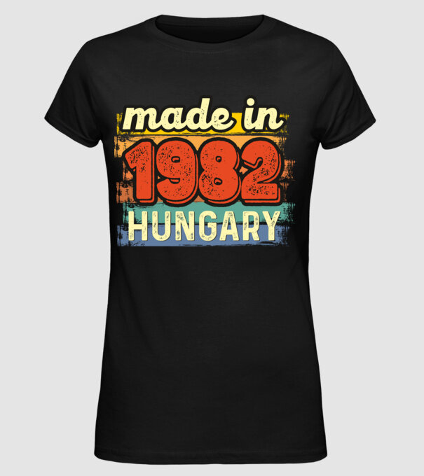 made in hungary felirat, retro évszám, grunge stílus, 1982 minta fekete pólón