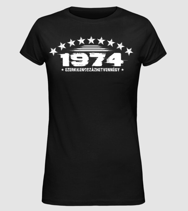 születésnapi dátum, évszám, felirat military stílusban 1974 minta fekete pólón