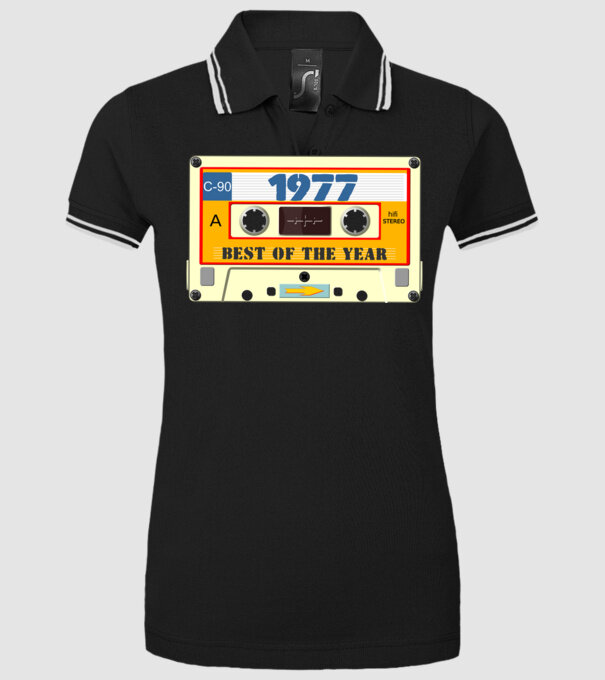 retro születésnapi audio kazetta, magnókazetta, best of the year 1977 minta fekete pólón