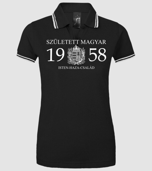 SZÜLETETT MAGYAR, ISTEN HAZA CSALÁD, SZÜLETETT 1958-BAN, MAGYAR CÍMER minta fekete pólón