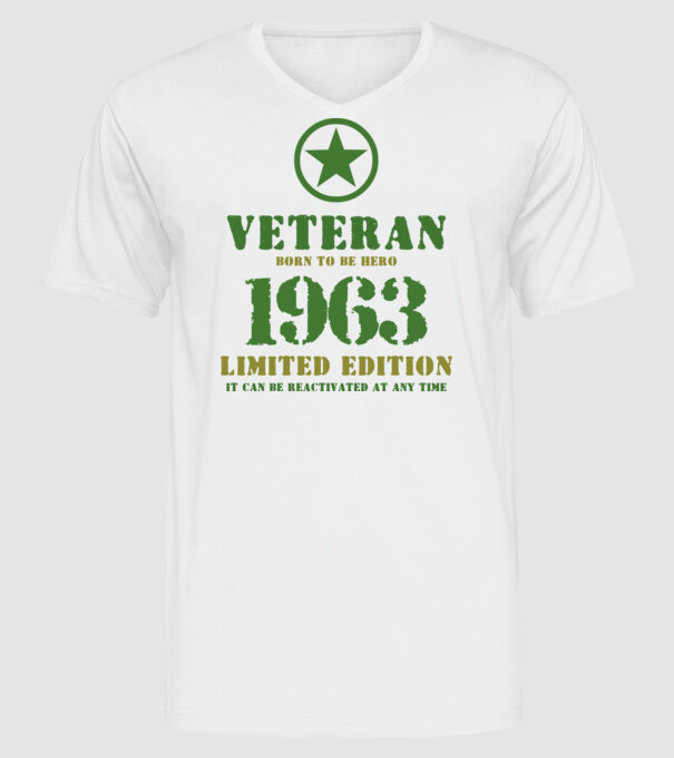 VETERAN, BORN TO BE HERO, SZÜLETÉSNAPI ÉVSZÁM FELIRATTAL 1963 minta fehér pólón