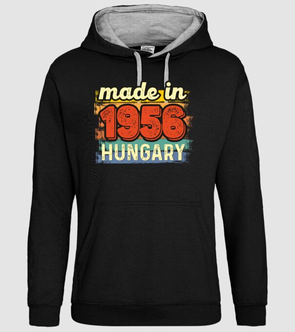 made in hungary felirat, retro évszám, grunge stílus, 1956 minta fekete pólón