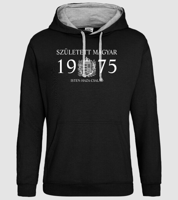 SZÜLETETT MAGYAR, ISTEN HAZA CSALÁD, SZÜLETETT 1975-BEN, MAGYAR CÍMER minta fekete pólón