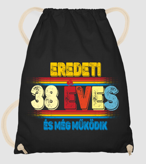 EREDETI 38 ÉVES ÉS MÉG MŰKÖDIK, SZÜLETÉSNAPI FELIRAT minta fekete pólón