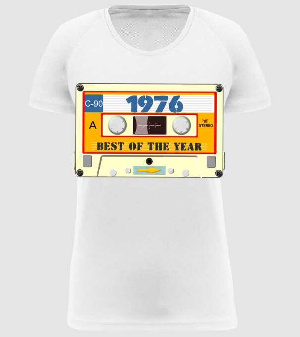 retro születésnapi audio kazetta, magnókazetta, best of the year 1976 minta fehér pólón