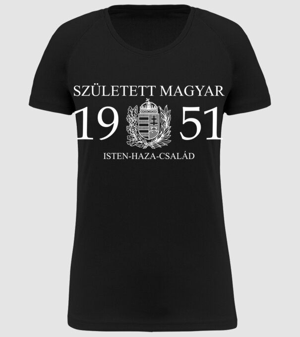 SZÜLETETT MAGYAR, ISTEN HAZA CSALÁD, SZÜLETETT 1951-BEN, MAGYAR CÍMER minta fekete pólón