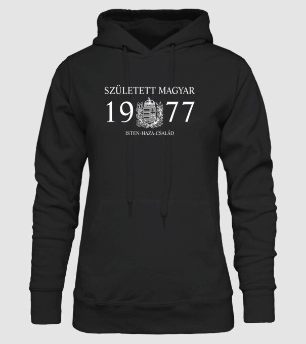 SZÜLETETT MAGYAR, ISTEN HAZA CSALÁD, SZÜLETETT 1977-BEN, MAGYAR CÍMER minta fekete pólón