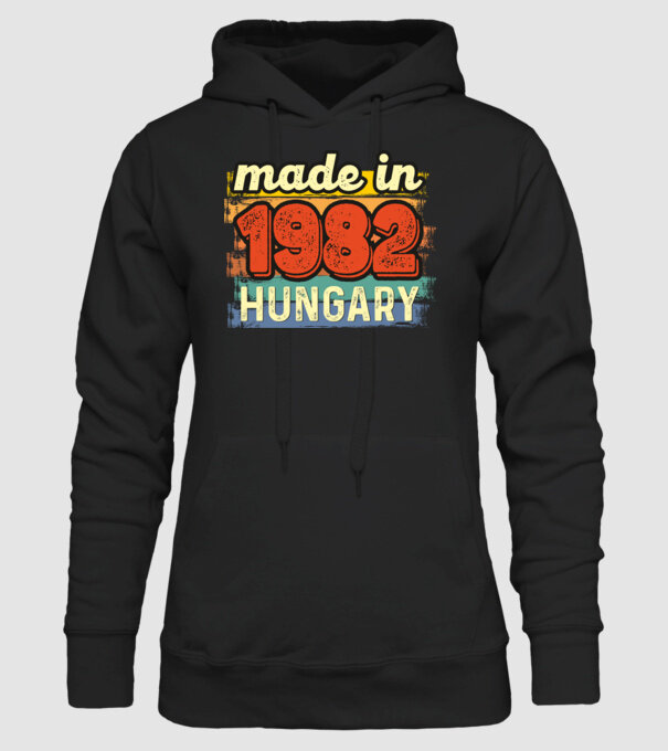 made in hungary felirat, retro évszám, grunge stílus, 1982 minta fekete pólón