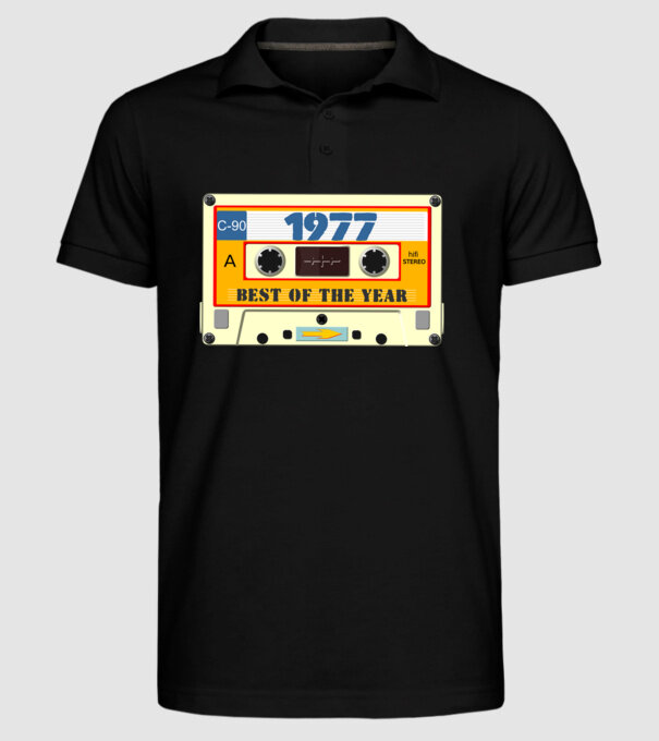 retro születésnapi audio kazetta, magnókazetta, best of the year 1977 minta fekete pólón