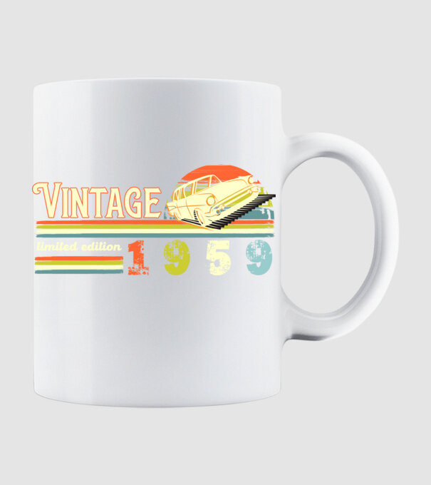 vintage, limited edidtion, retro születésnapi felirat, évszám veterán autóval, 1959 minta fehér pólón