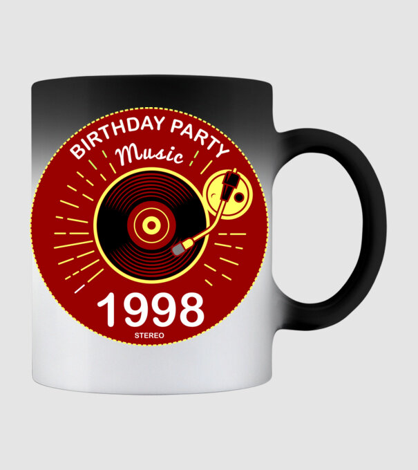 BIRTHDAY PARTY MUSIC, BAKELIT LEMEZJÁTSZÓ 1998 STEREO minta fekete pólón