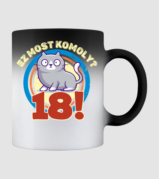ez most komoly 18éves, csodálkozó macska minta fekete pólón