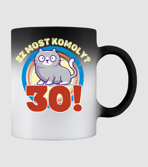 ez most komoly 30éves, csodálkozó macska minta fekete pólón