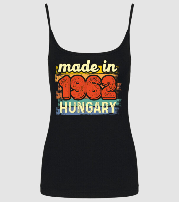 made in hungary felirat, retro évszám, grunge stílus, 1962 minta fekete pólón