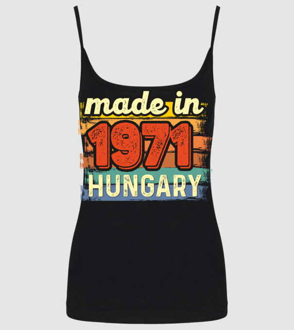 made in hungary felirat, retro évszám, grunge stílus, 1971 minta fekete pólón