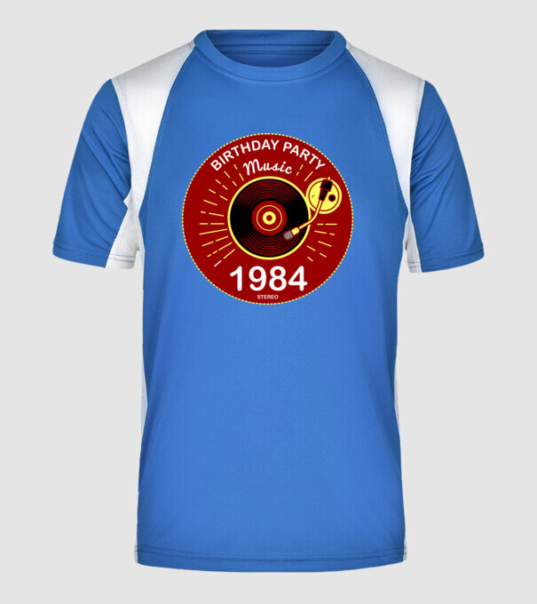 BIRTHDAY PARTY MUSIC, BAKELIT LEMEZJÁTSZÓ 1984 STEREO minta királykék pólón