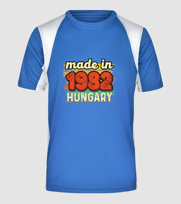 made in hungary felirat, retro évszám, grunge stílus, 1982 minta királykék pólón
