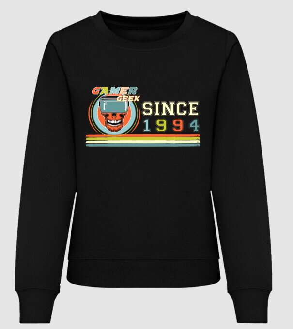 gamer geek since 1994, kocka, játékos, születésnap minta fekete pólón