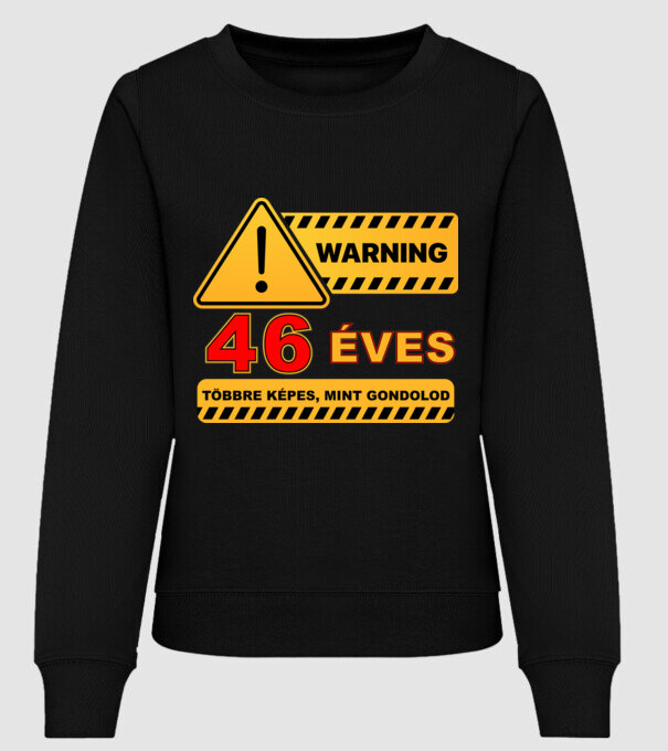 WARNING, 46 ÉVES TÖBBRE KÉPES, MIT GONDOLOD minta fekete pólón