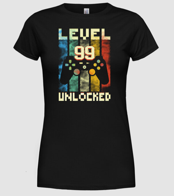 99. szint feloldva - gamer ajándék minta fekete pólón