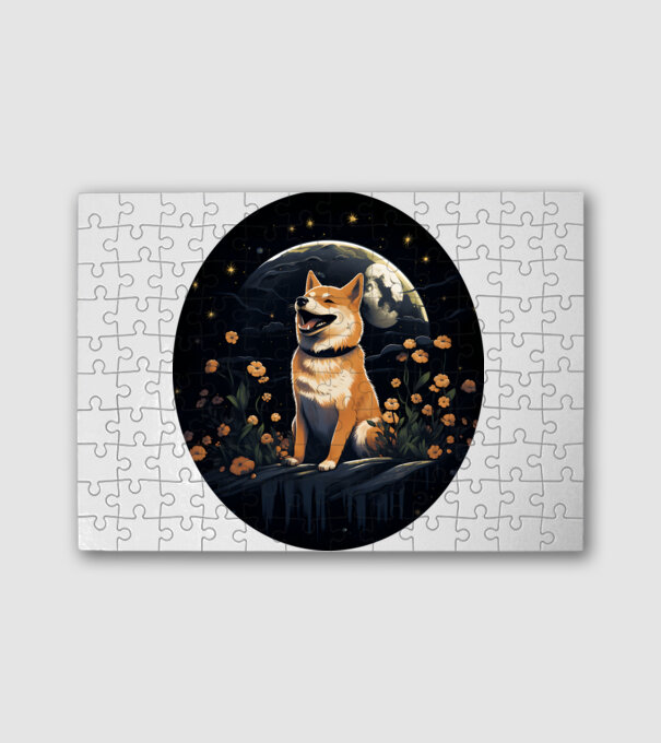 Vidám Shiba Inu Éjszaka Hold minta fehér pólón
