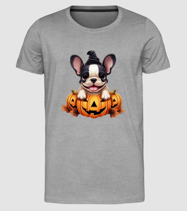 Halloween Boston terrier módra minta szürke pólón