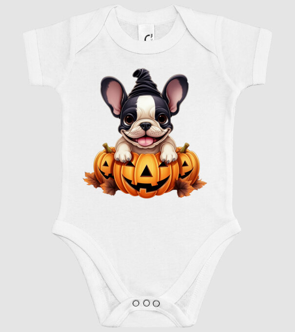 Halloween Boston terrier módra minta fehér pólón
