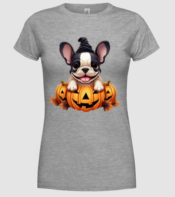 Halloween Boston terrier módra minta szürke pólón