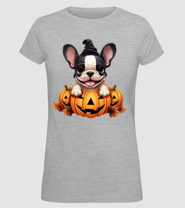 Halloween Boston terrier módra minta szürke pólón