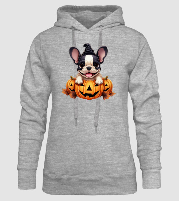 Halloween Boston terrier módra minta szürke pólón