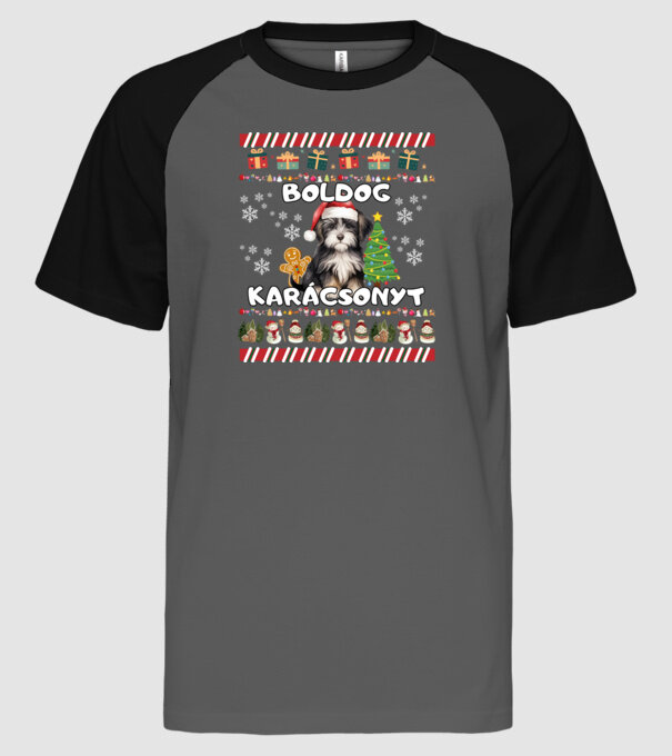 Boldog karácsonyt csúnya pulcsi kutyával minta szürke/fekete pólón