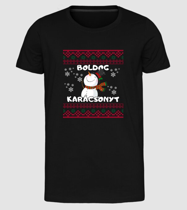 Boldog karácsonyt csúnya pulcsi hóember minta fekete pólón