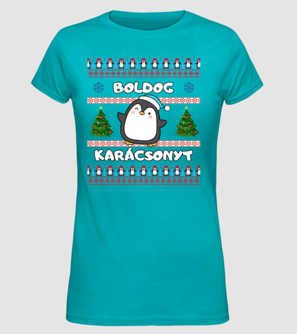 Boldog karácsonyt csúnya pulcsi pingvinnel minta türkiz pólón