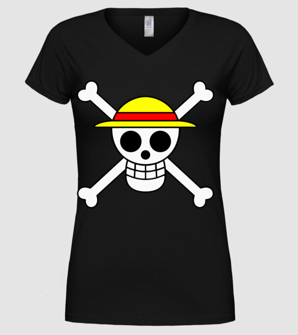 One Piece - Luffy szalmakalapos halálfej minta fekete pólón