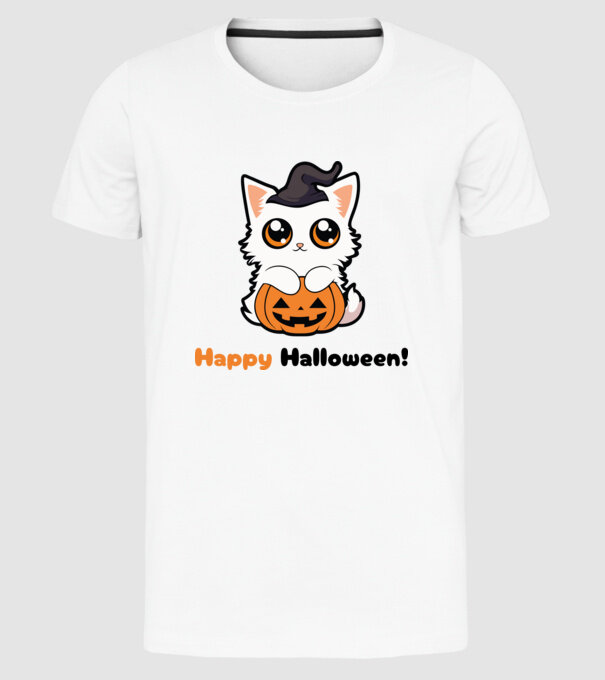 Happy Halloween boszi cica tökkel minta fehér pólón