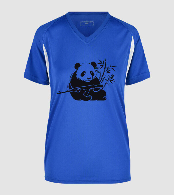 panda gun, panda fegyverrel minta királykék pólón