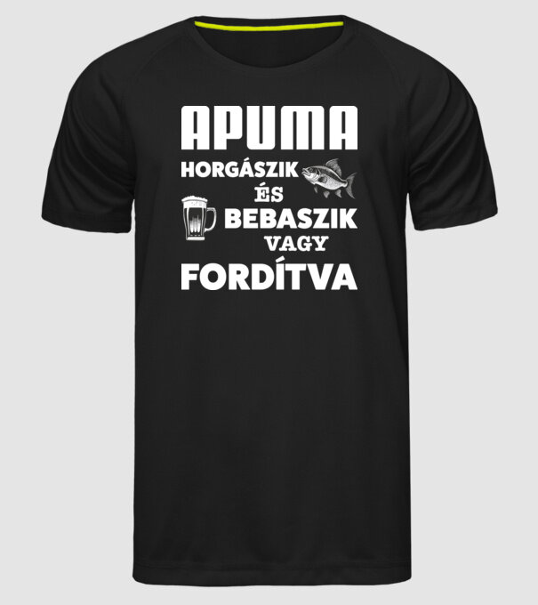 APUMA horgászik és bebaszik - fehér minta fekete pólón