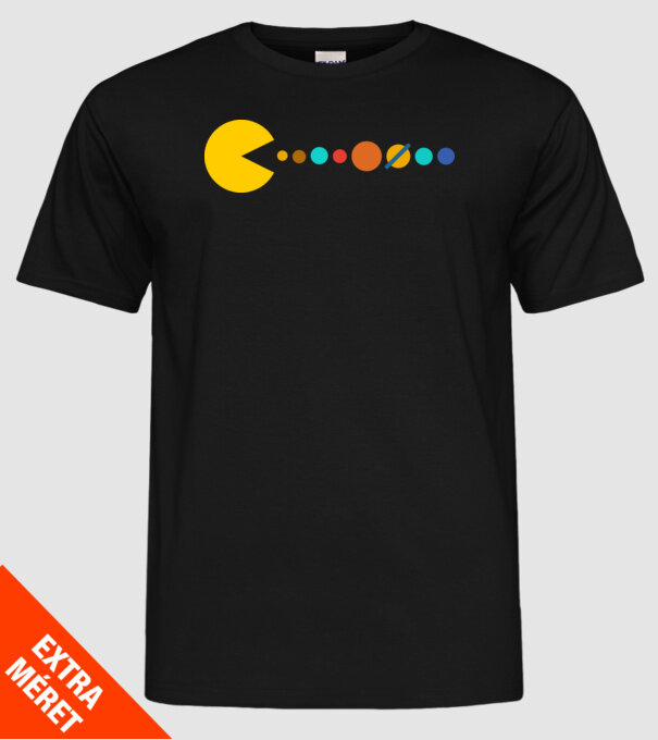 Pacman felfalja a naprendszert minta fekete pólón